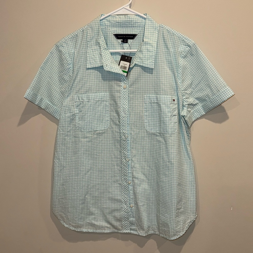 Tommy Hilfiger - LARGE Checkered Blue and White Button Up Collared Shirt